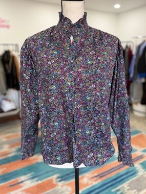 Vintage Cotton Floral Print Long-Sleeve Shirt - Purple Multi